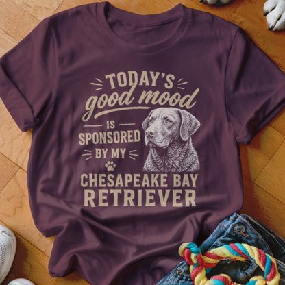 T-shirt with "Today's good mood is sponsored by my Chesapeake Bay Retriever" text and dog illustration.