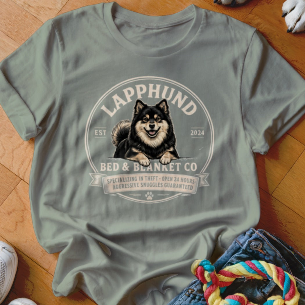 Lapphund Bed & Blanket Co. graphic with dog, text: "Specializing in Theft - Open 24 Hours - Aggressive Snuggles Guaranteed".