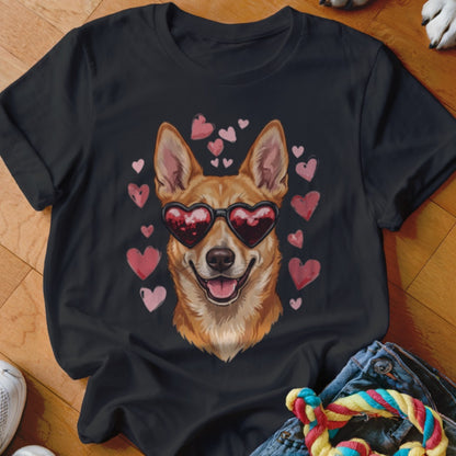 Black t-shirt featuring a graphic of a tan dog wearing heart-shaped sunglasses surrounded by pink hearts.