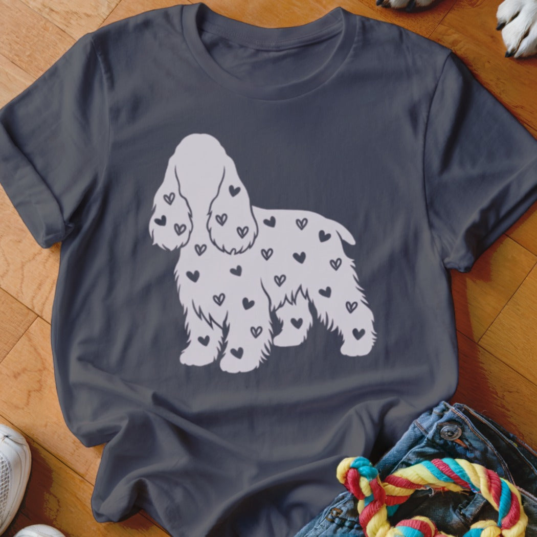 Dark grey t-shirt with a white poodle silhouette covered in small black hearts.