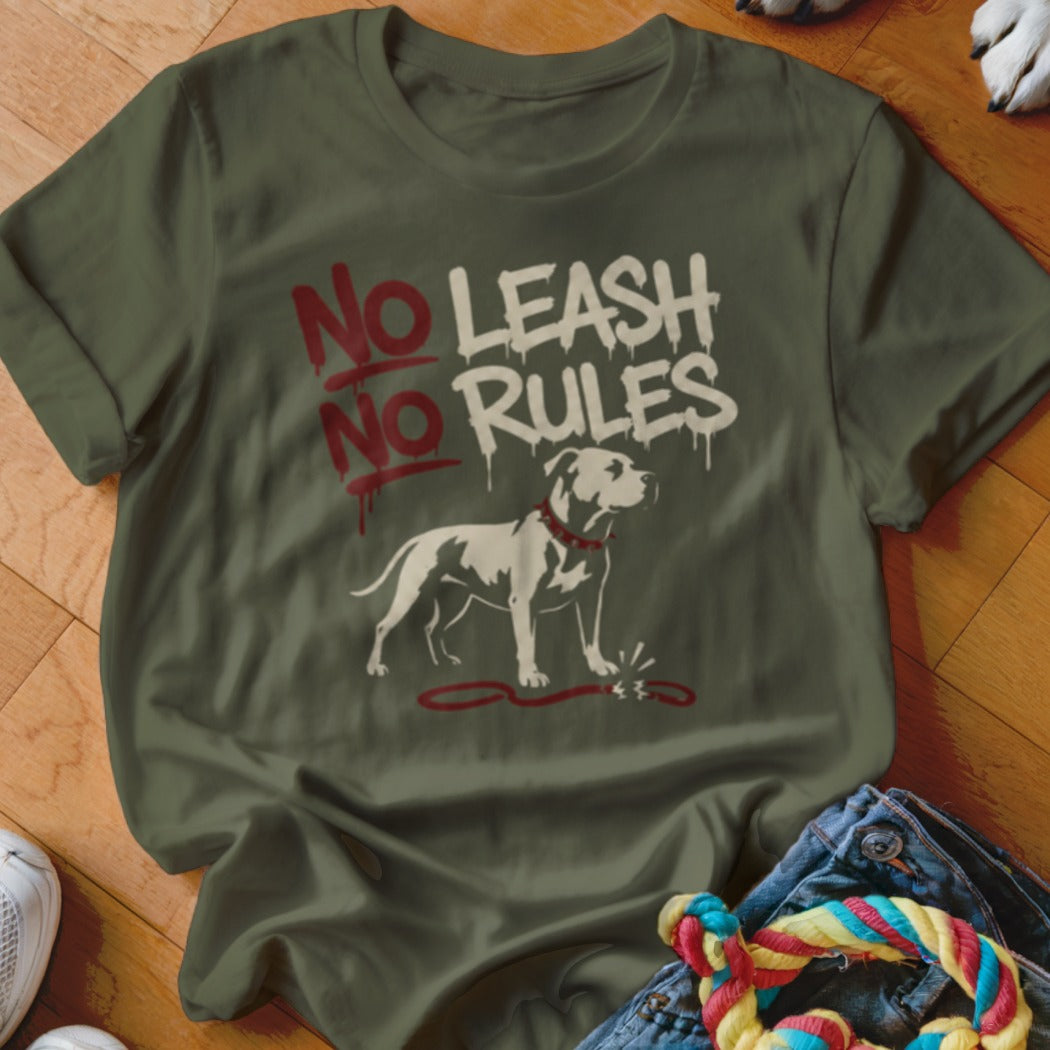 Olive green t-shirt with "No Rules" text and a dog graphic.