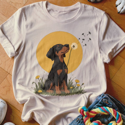 A light beige t-shirt featuring an illustration of a puppy blowing dandelion seeds against a yellow sun.