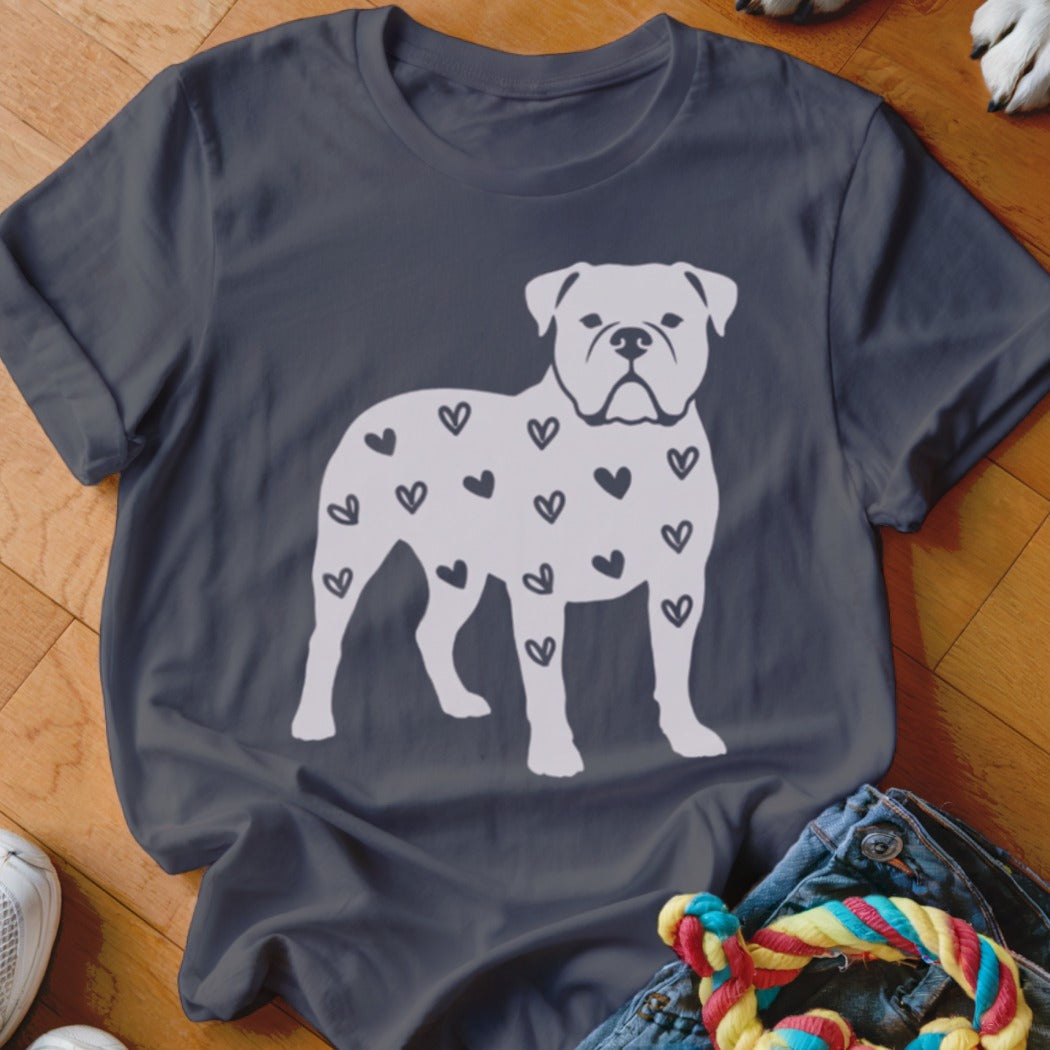 Dark grey t-shirt with white bulldog silhouette filled with small black hearts.