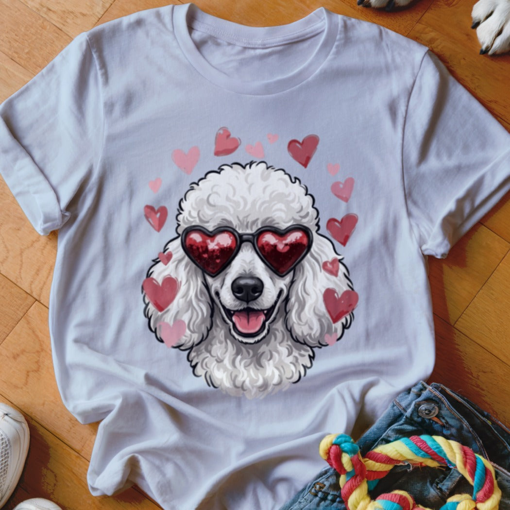 White t-shirt featuring a graphic of a white poodle wearing heart-shaped sunglasses surrounded by pink hearts.