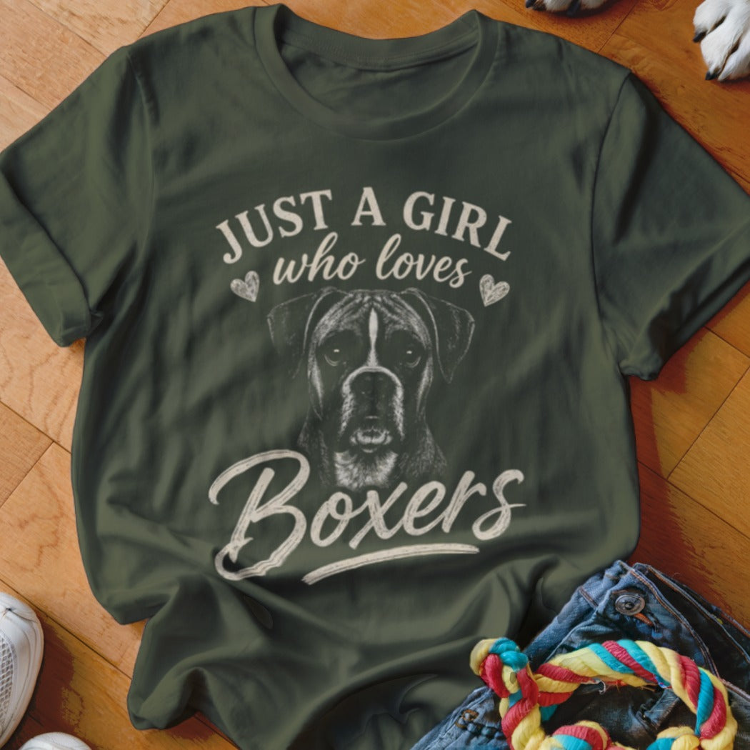 Green t-shirt with a drawing of a boxer dog and text that reads "Just a girl who loves Boxers".