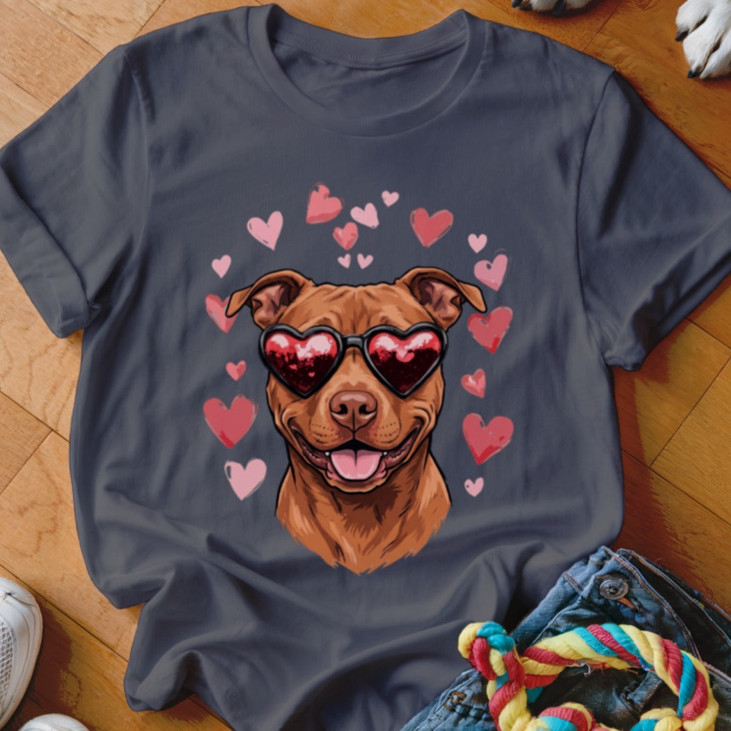 Charcoal gray t-shirt featuring a graphic of a brown pit bull wearing heart-shaped sunglasses surrounded by pink hearts.
