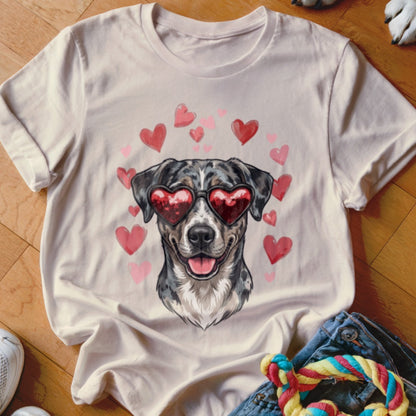 A light pink t-shirt features a graphic of a dog wearing heart-shaped sunglasses surrounded by pink hearts.