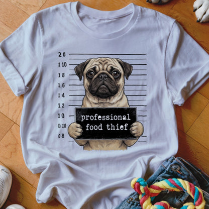 White t-shirt with a pug mugshot graphic reading "professional food thief".