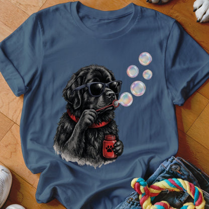Dark blue t-shirt featuring a graphic of a black dog wearing sunglasses and blowing bubbles.
