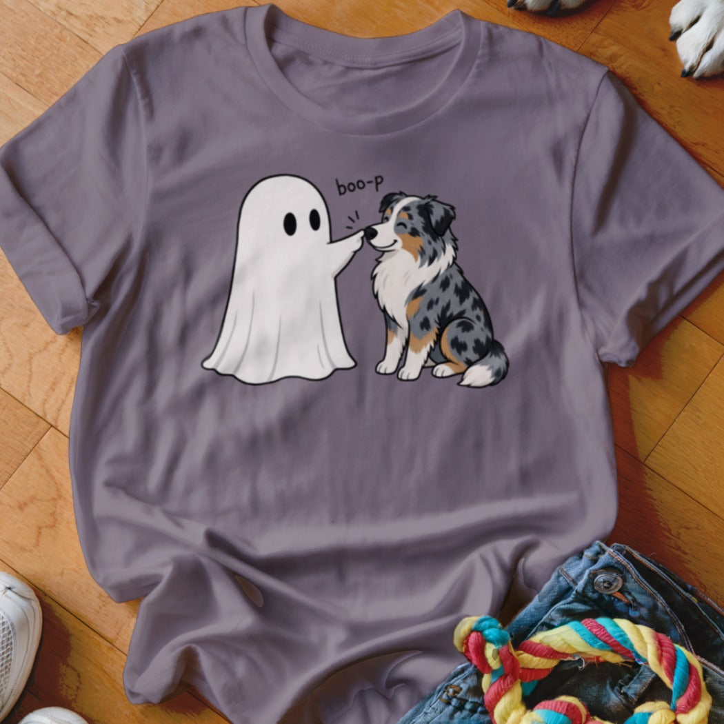 Ghost booping a dog with "boo-p" text on a purple t-shirt.