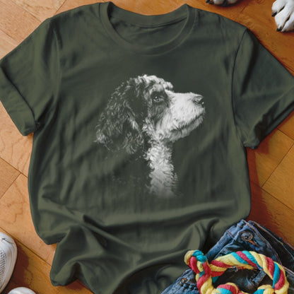Dark green t-shirt featuring a black and white sketch of a dog's head.
