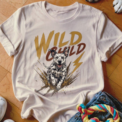 Cream t-shirt featuring a graphic of a running Dalmatian, mud spatters, and the text Wild Child.