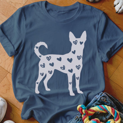 Navy t-shirt with a white dog silhouette filled with small dark hearts.