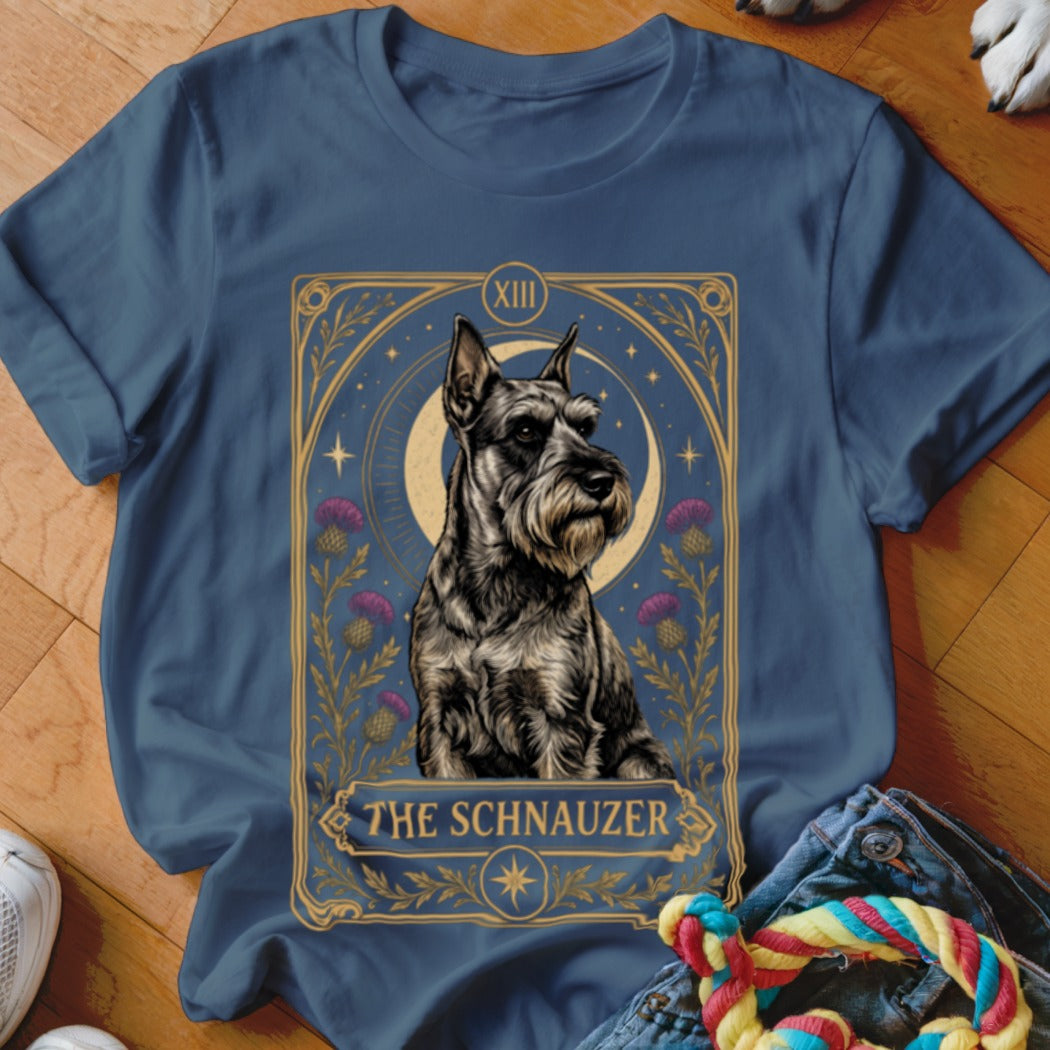 A dark blue t-shirt featuring a tarot-style graphic of a Schnauzer with the text "The Schnauzer".