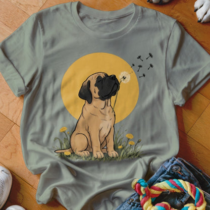 Sage green t-shirt featuring an illustrated graphic of a mastiff puppy blowing dandelion seeds against a yellow sun.