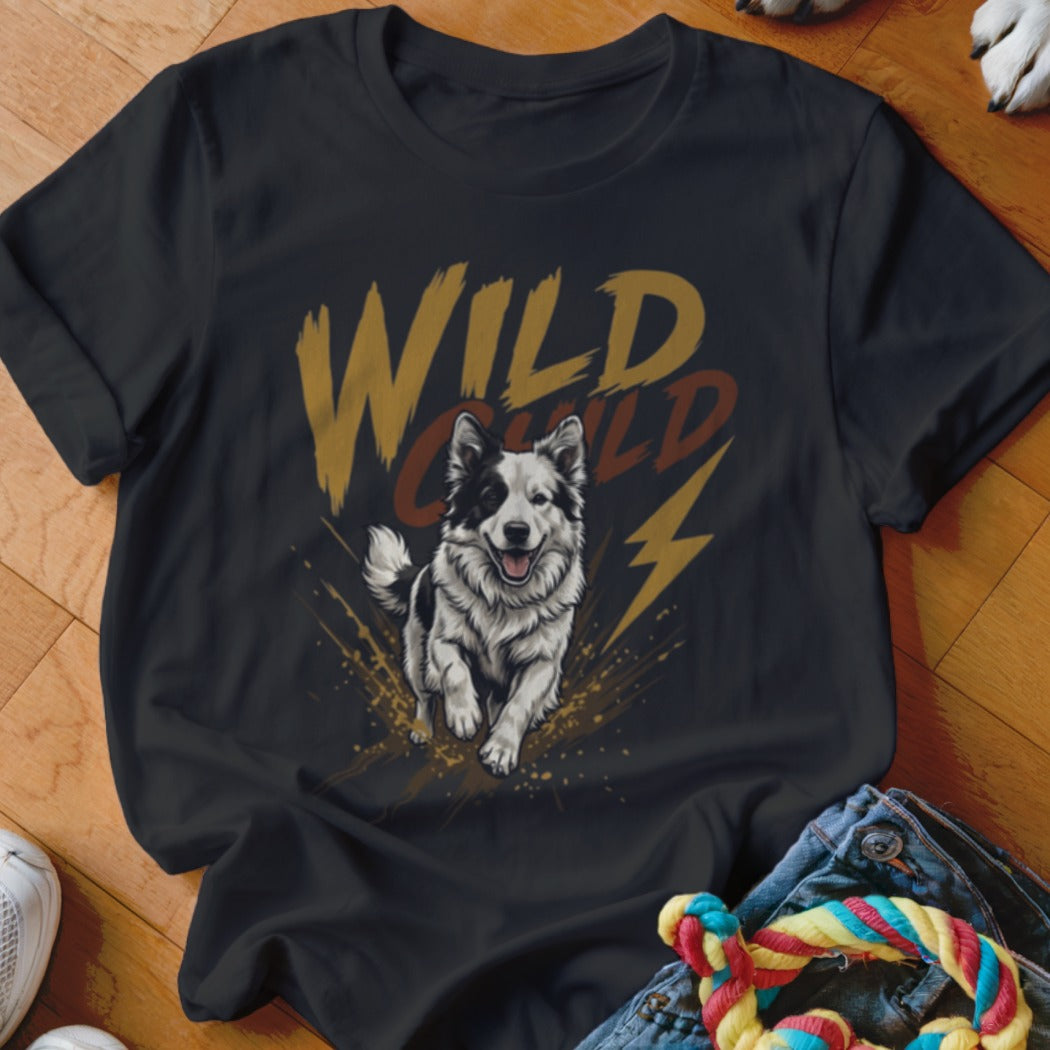 A black t-shirt features a graphic of a running dog and the text WILD CHILD.