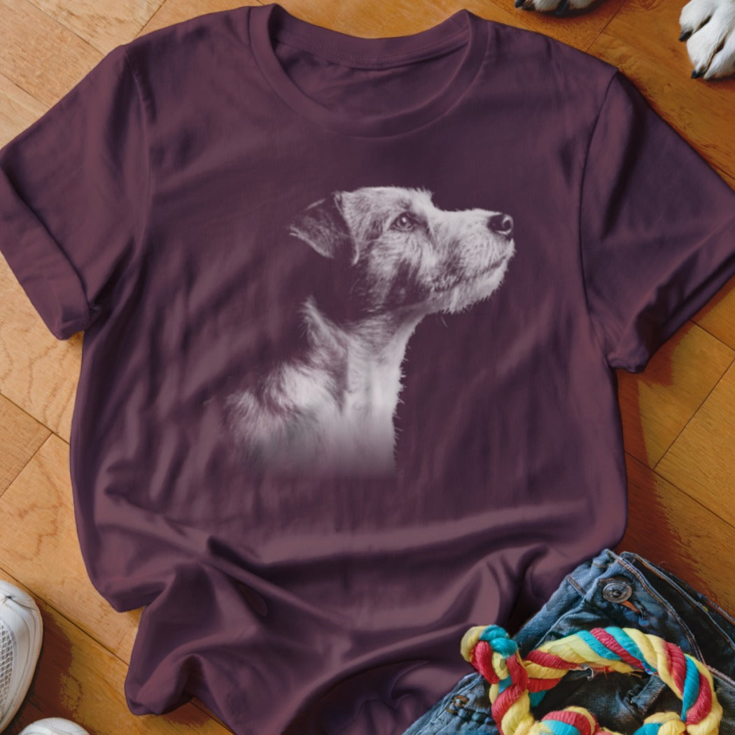 Maroon t-shirt with a grayscale portrait of a Jack Russell Terrier looking to the right.