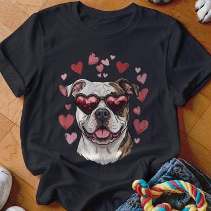 Black crewneck t-shirt featuring a graphic of a bulldog wearing heart-shaped sunglasses surrounded by pink hearts.