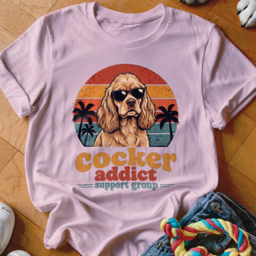 A light pink t-shirt featuring a graphic of a Cocker Spaniel wearing sunglasses over a sunset and palm tree design, with text reading cocker addict support group.