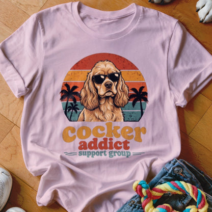 A light pink t-shirt featuring a graphic of a Cocker Spaniel wearing sunglasses over a sunset and palm tree design, with text reading cocker addict support group.
