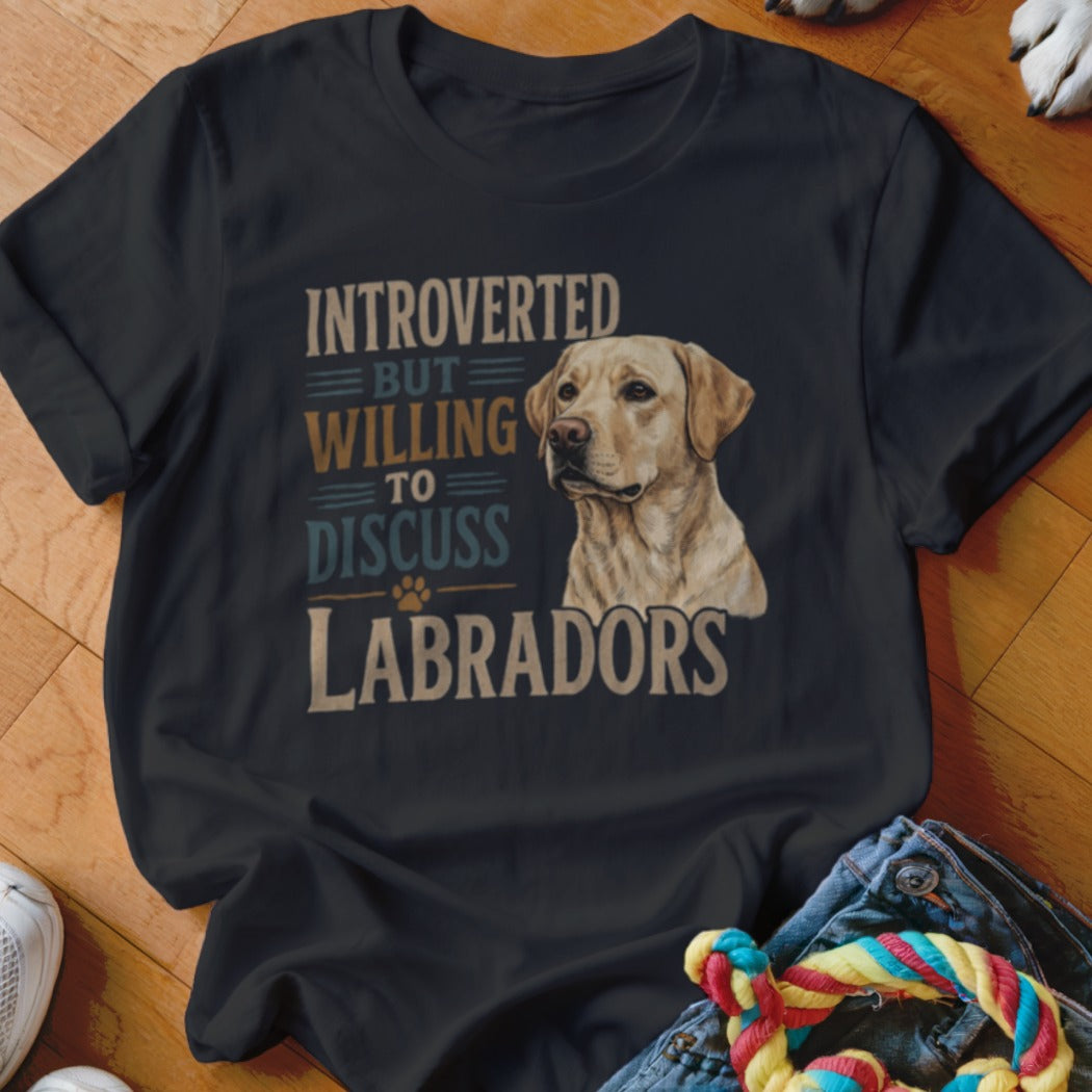 Black t-shirt with yellow lab and text "Introverted But Willing To Discuss Labradors".