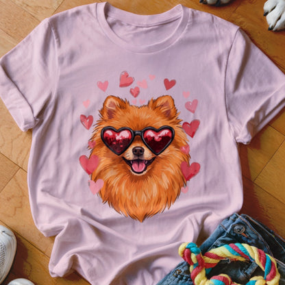 A light pink t-shirt featuring an illustration of a fluffy Pomeranian dog wearing heart-shaped sunglasses, surrounded by pink hearts.