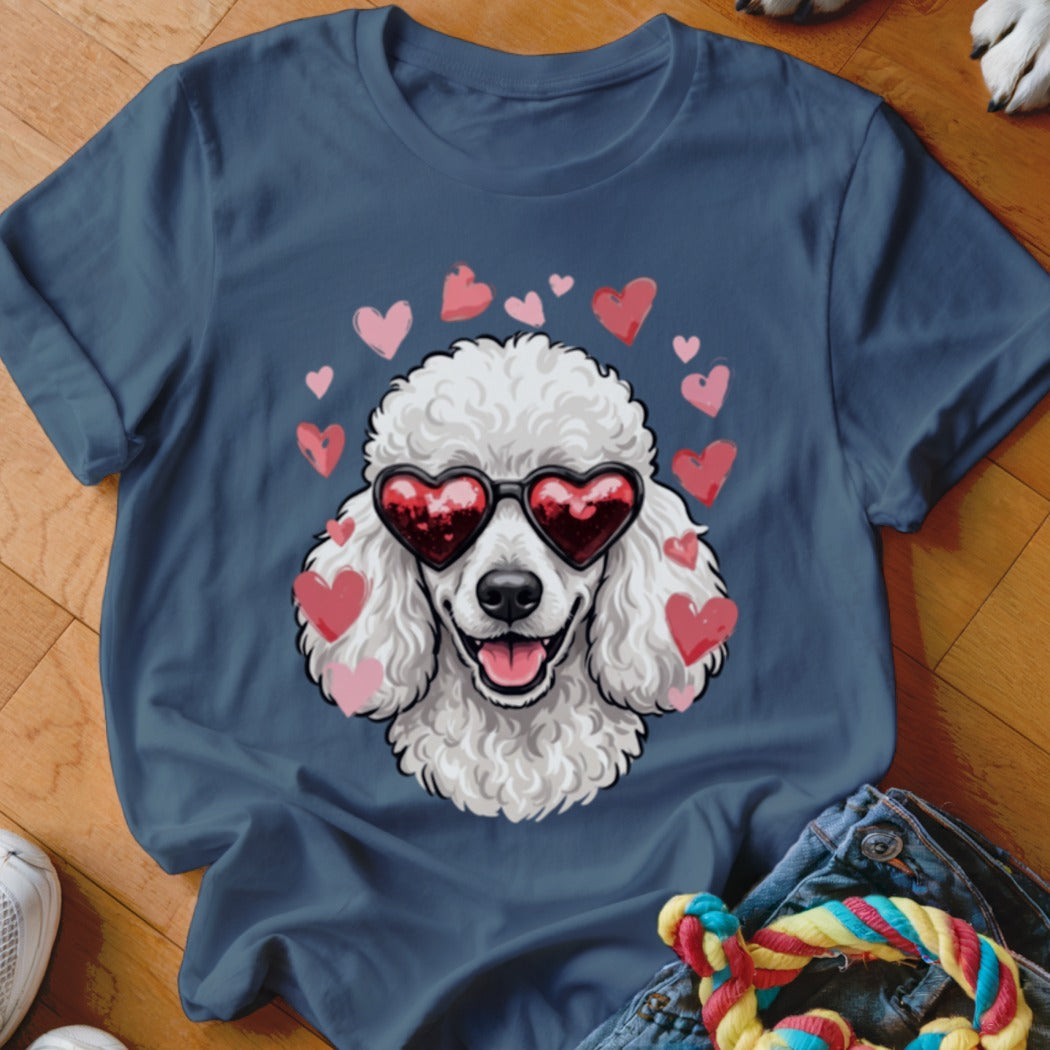 Navy blue t-shirt featuring a graphic of a white poodle wearing heart-shaped sunglasses surrounded by floating pink hearts.
