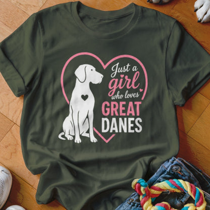 Olive green t-shirt with white Great Dane illustration inside a pink heart and text.