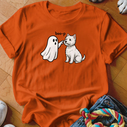 Orange t-shirt with a ghost playfully booping a white dog, text reads "boo-p".