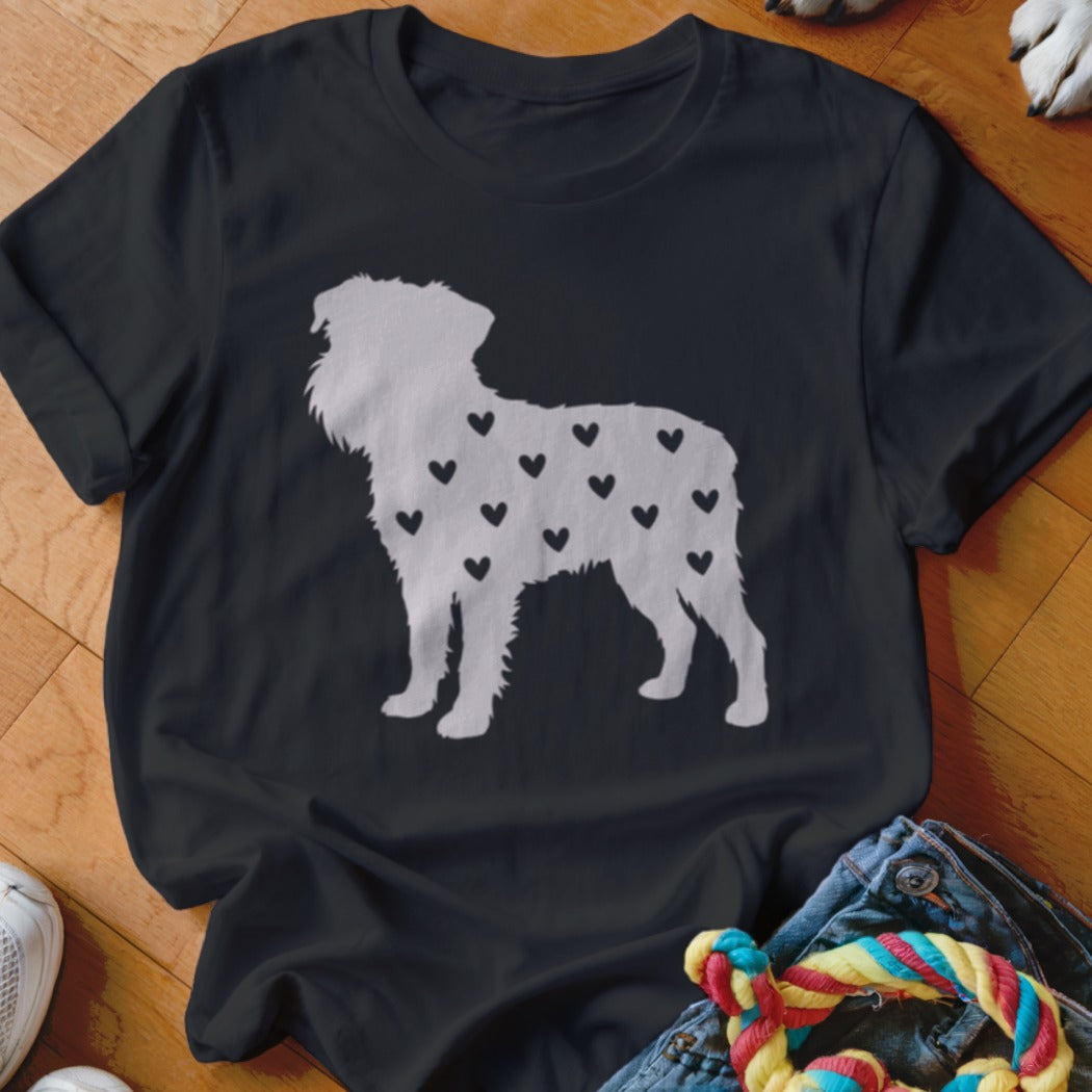 Black t-shirt with white dog silhouette filled with black hearts.