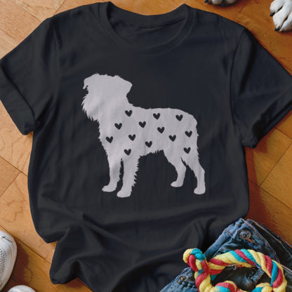 Black t-shirt with white dog silhouette filled with black hearts.