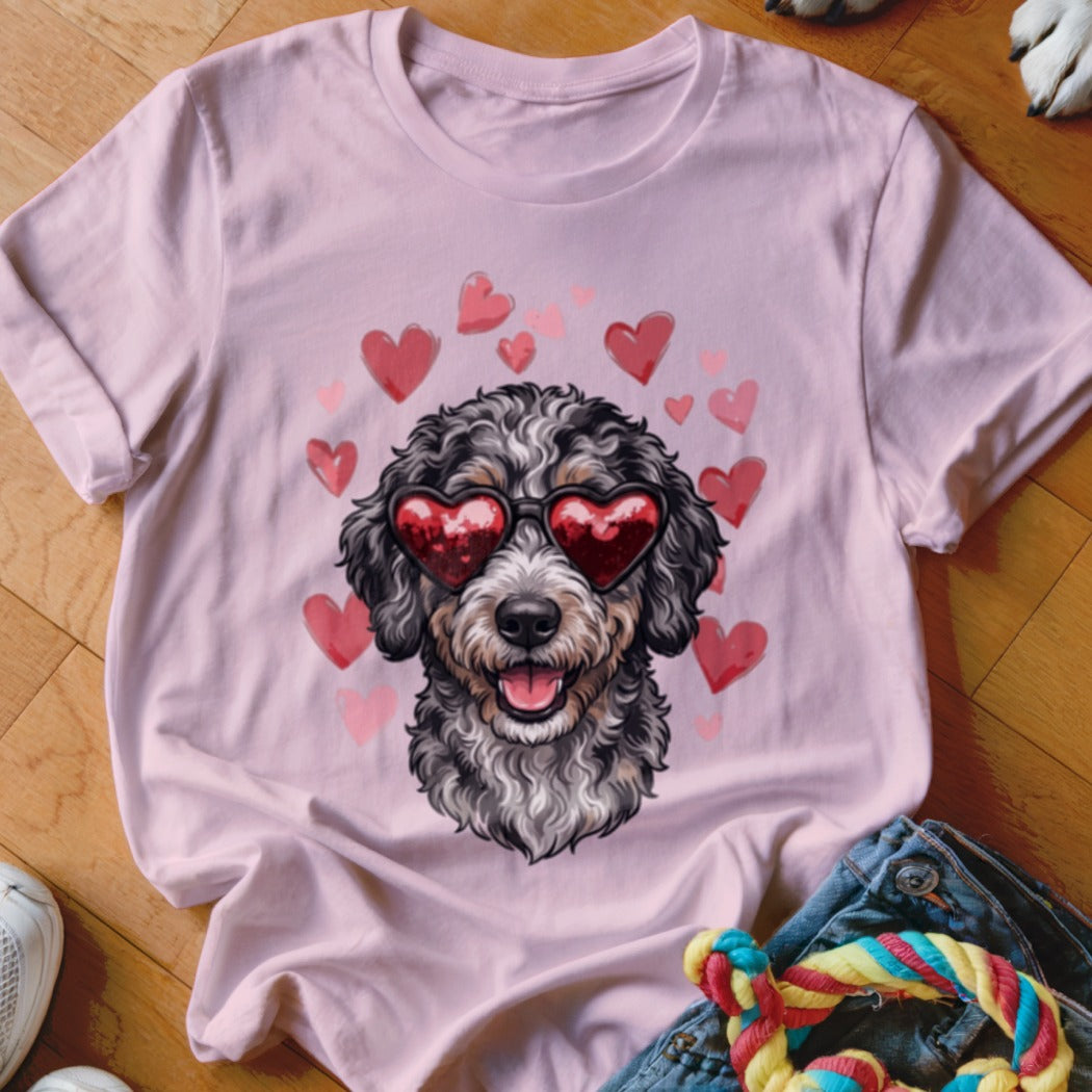 Light pink crewneck t-shirt featuring a graphic of a fluffy dog wearing heart-shaped sunglasses surrounded by pink hearts.