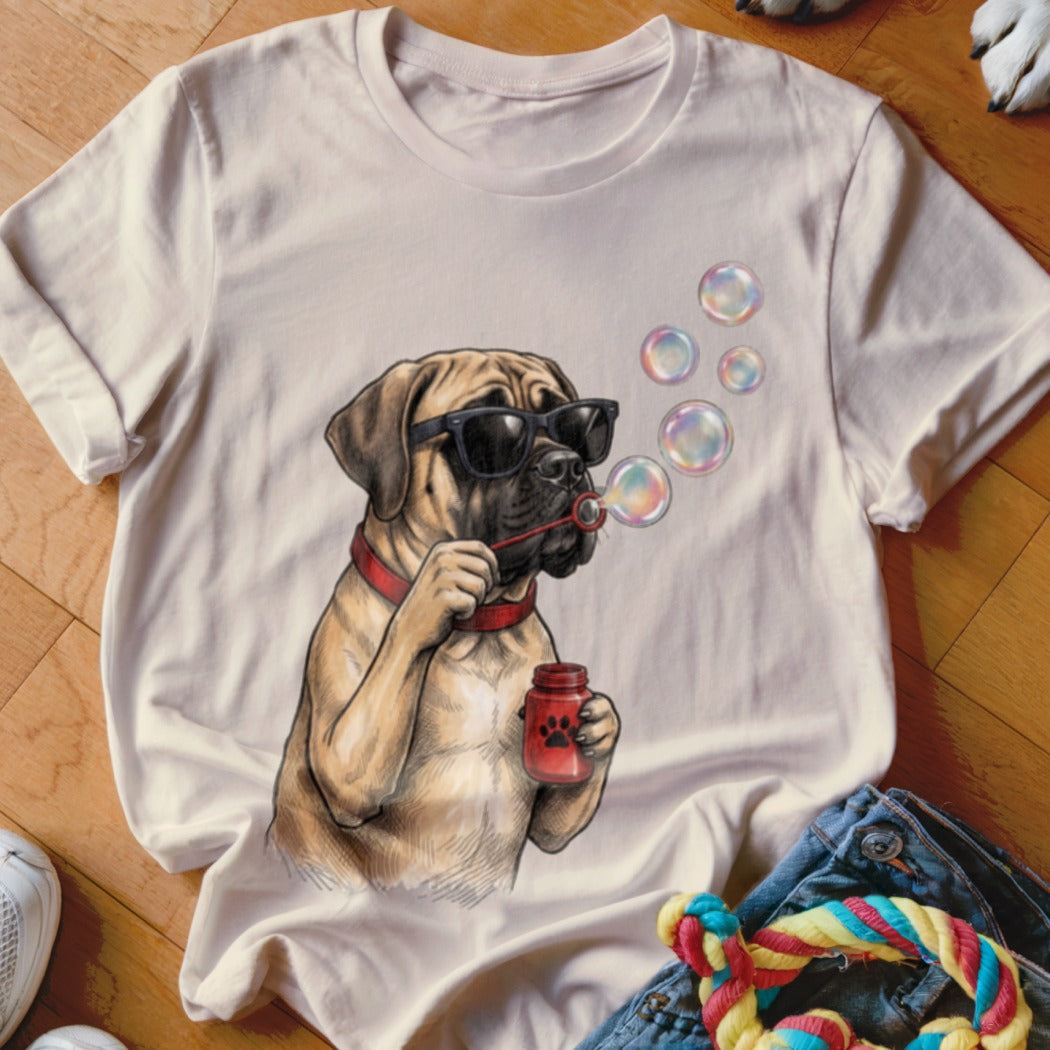 Beige crewneck t-shirt featuring a graphic of a mastiff wearing sunglasses and blowing bubbles.