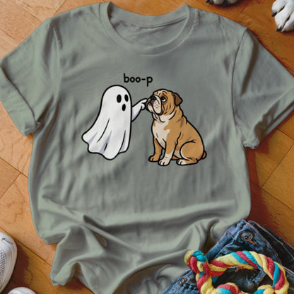 Ghost booping bulldog with "boo-p" text on a grey t-shirt.