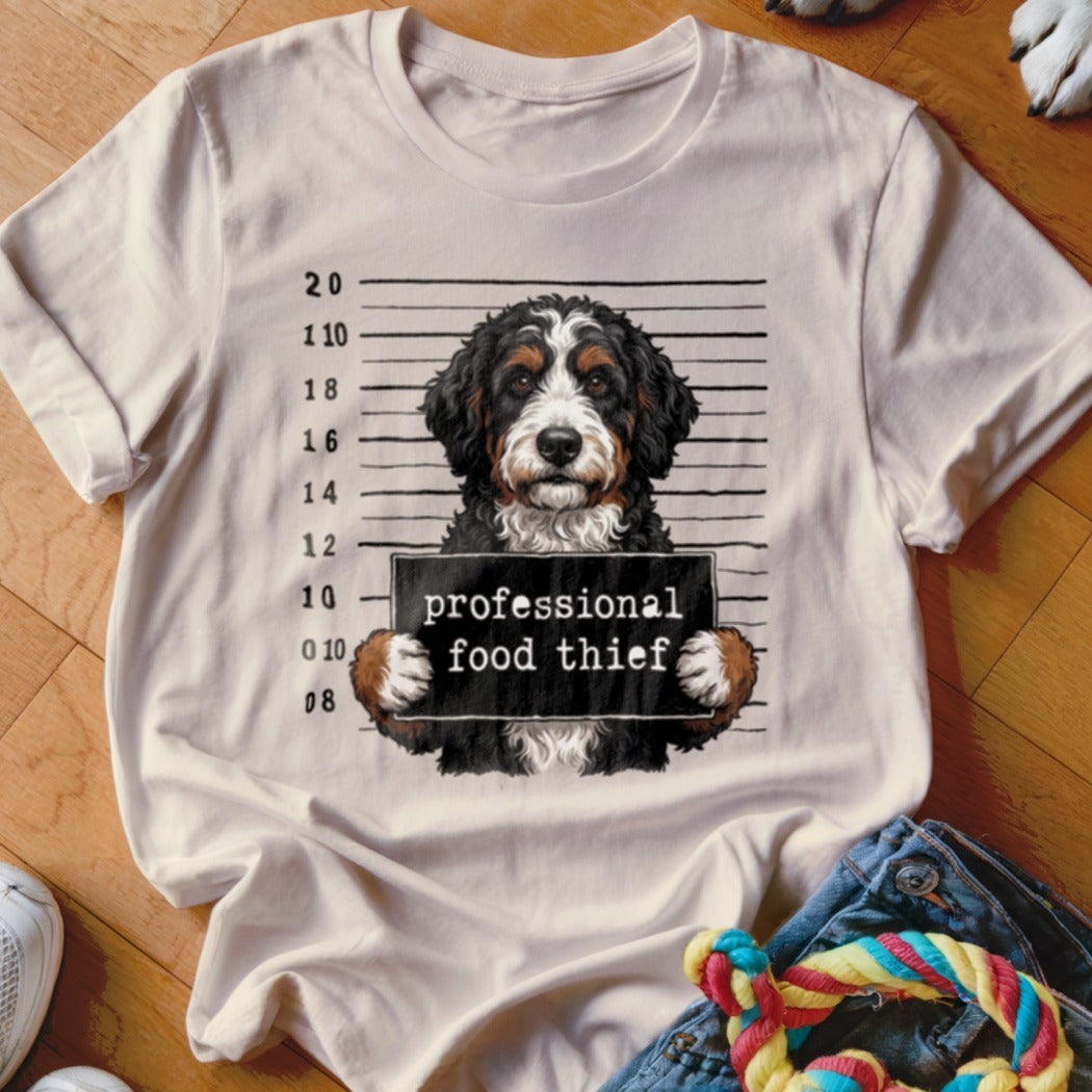 Bernese Mountain Dog in mugshot pose holding "professional food thief" sign on cream t-shirt.