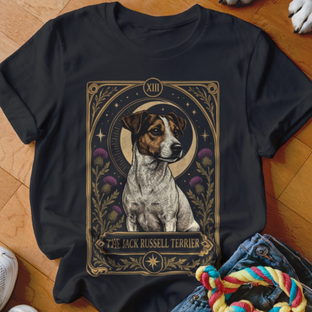 Black t-shirt featuring a tarot-style graphic of a Jack Russell Terrier surrounded by moons, stars, and thistles.