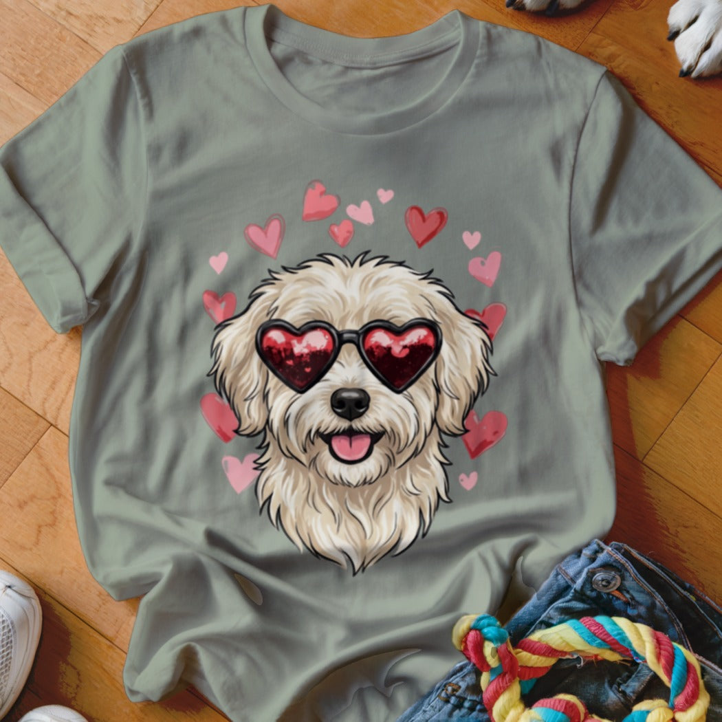A sage green t-shirt featuring a graphic of a fluffy white dog wearing heart-shaped sunglasses surrounded by pink hearts.