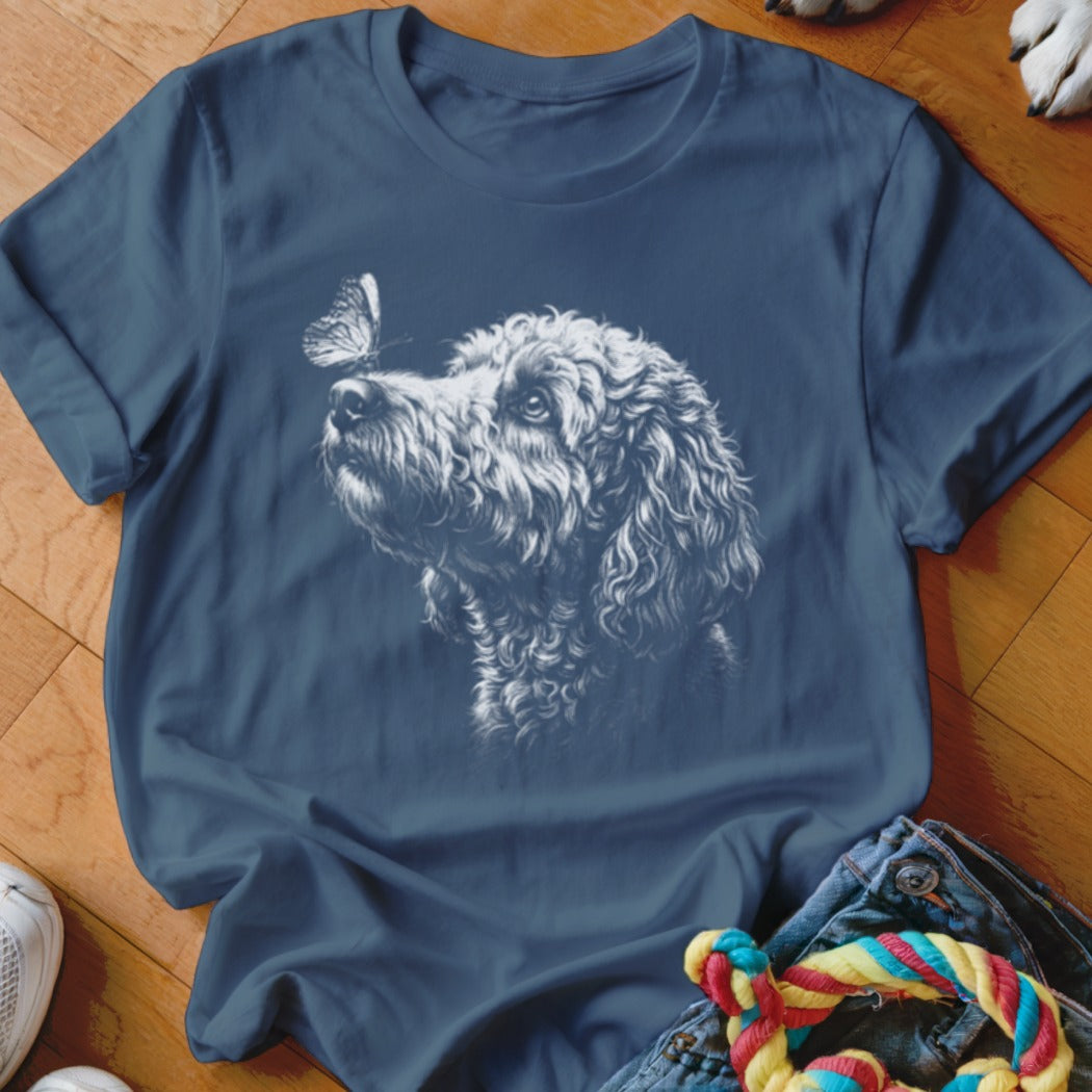 A dark blue crewneck t-shirt featuring a white graphic of a fluffy dog and butterfly on a wooden floor.