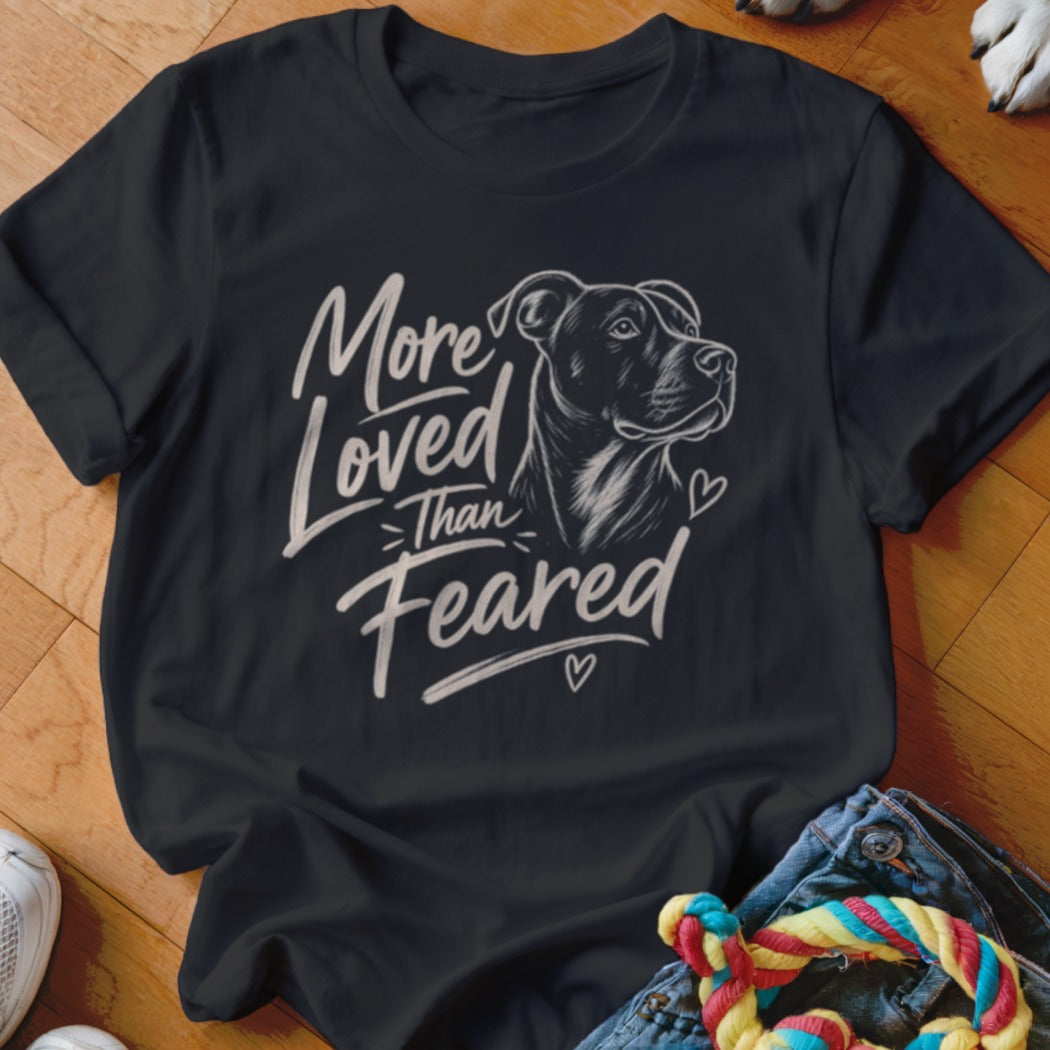 Black t-shirt with white text "More Loved Than Feared" and a dog illustration.