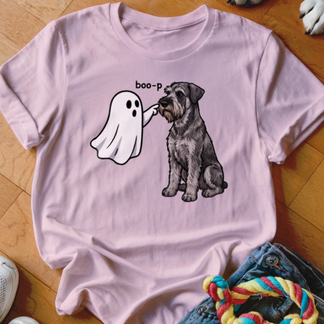 Pink t-shirt with cartoon ghost booping a schnauzer dog with text "boo-p".