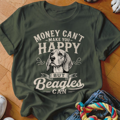 Dark green t-shirt with Beagle dog graphic and text "Money Can't Make You Happy But Beagles Can".