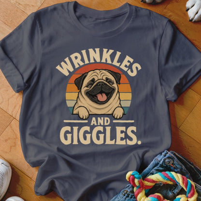 Dark blue t-shirt with a pug and the text "WRINKLES AND GIGGLES."