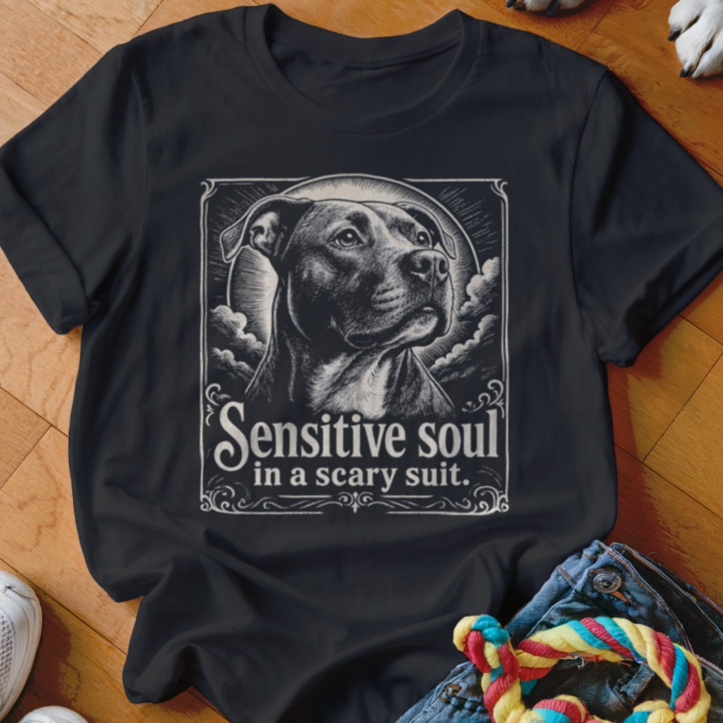 Black t-shirt with a Pitbull portrait and the text "Sensitive soul in a scary suit."