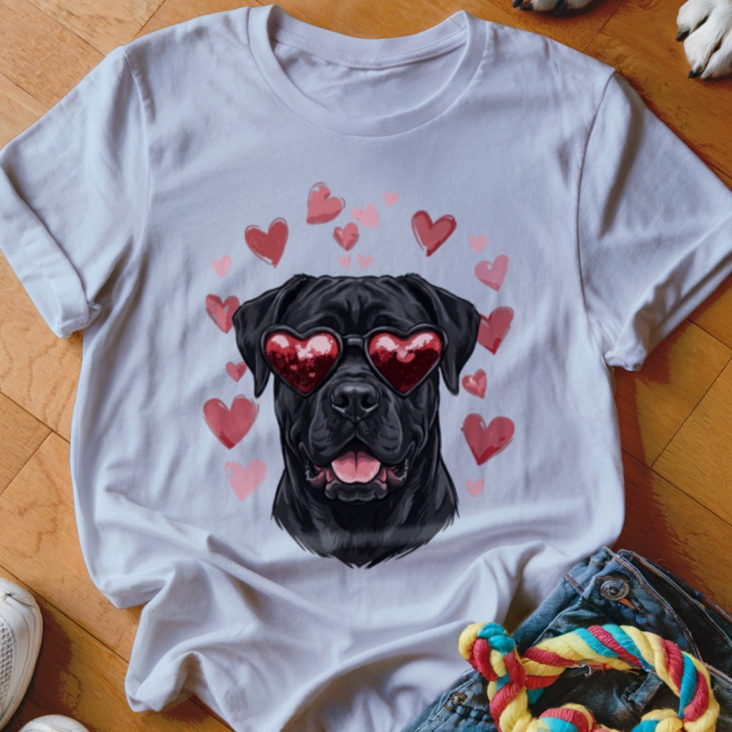 White t-shirt featuring an illustration of a black dog wearing heart-shaped sunglasses surrounded by pink hearts.