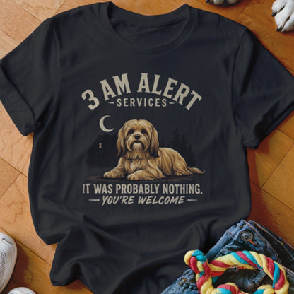 Black t-shirt with "3 AM Alert Services" text and a dog graphic.