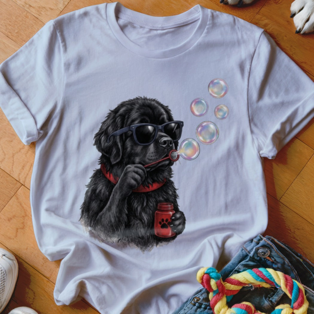 A white t-shirt featuring a graphic of a black dog wearing sunglasses and blowing bubbles.