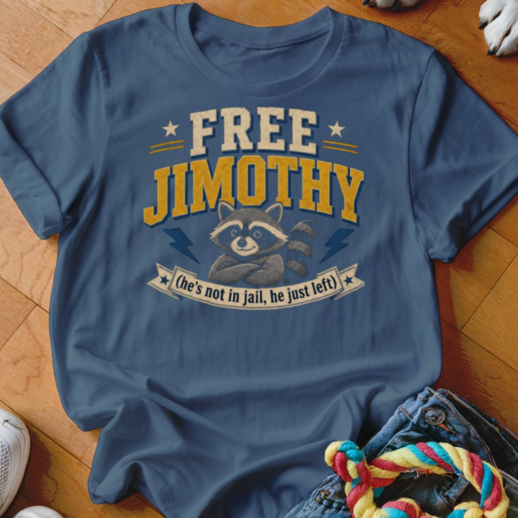 Blue t-shirt with "Free Jimothy" text and a raccoon graphic.