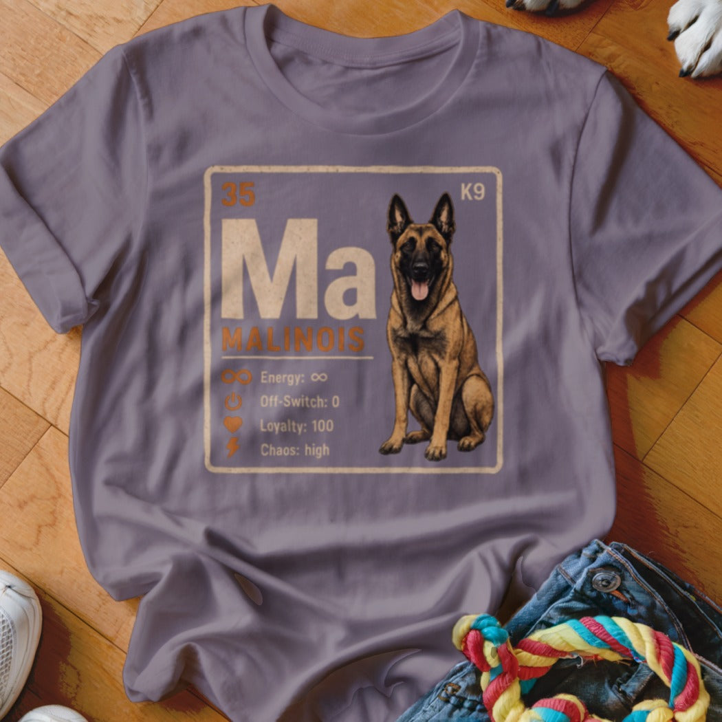 Malinois dog with periodic table design listing energy, off-switch, loyalty, and chaos.