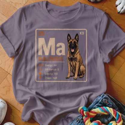 Malinois dog with periodic table design listing energy, off-switch, loyalty, and chaos.
