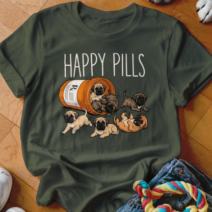 Several mastiff puppies spill from an orange pill bottle labeled "HAPPY PILLS" with an "R".
